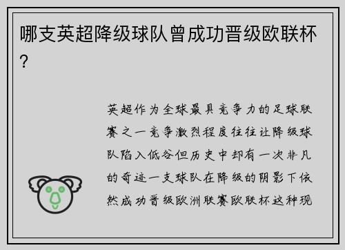哪支英超降级球队曾成功晋级欧联杯？